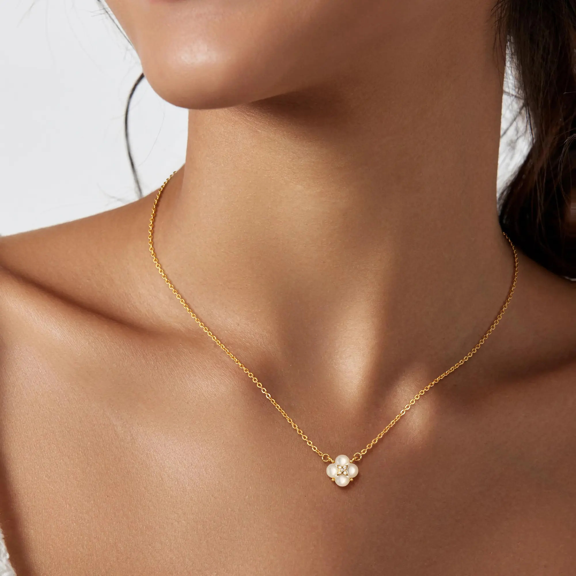 TEWIKY Best Gift For Mother' s Day Greenish Spring Jewelry Golden Shell Flower X-Shaped Zircon Necklace for Women Dainty Simple Pendant with Elegant Hypoallergenic Jewelry Party Daily Wear For Valentine's Day gifts
