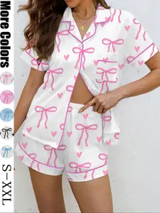 Women's Bowknot Printed Pyjama Set, Casual Outdoor Wear, Soft Shirt & Elastic Shorts, All-Season Comfortable Home Clothing, Loungewear