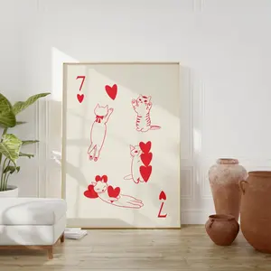 Unframe Trendy RED & CREAM Cat Playing Card Print Wall Decor, Large Printable Art