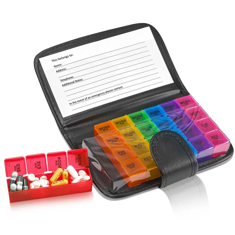 MEDCA Weekly Travel Size Pill Organizer - BPA-Free Plastic for Peace of Mind, Lightweight Single Unit Vitamin & Medicine Organizer, 4-Times-a-Day 7-Day Dispenser with 28 Labeled Compartments, Translucent Body Shows Each Dose (7.5x4.5 in)