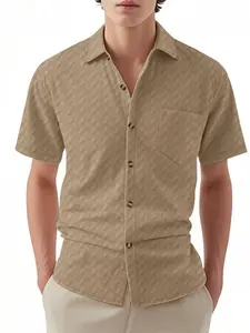 Men's Knit Jacquard Heavy Short Sleeve Shirt, Loose Comfortable Holiday Casual Top for Outdoor Travel, Versatile Men's Relaxed Shirt