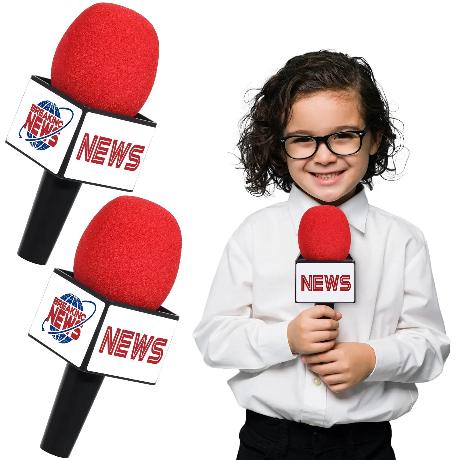 2Pcs 17 cm (6.7 inches) Plastic Realistic Fake Handheld Microphone Props with Audios - Reporter Mics for Stage Performance, Birthday Playtime, Career Costume Day Cosplay Favors