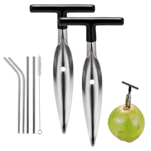 2 Pack Coconut Opener Tool Set With 4 Reusable Straws & Brush  Food Grade Stainless Steel Coco Nut Bottle For Young Thai Green Fresh Water Safe And Convenient Drill Punch