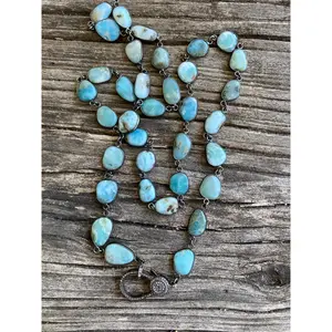 Larimar Bezel Necklace with Pave Diamond Lobster Claw Clasp