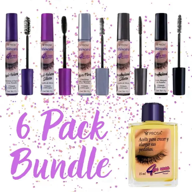 Prosa Viral 6 Pack - 4 in 1 Mascara Collection - Professional Silicone Brush for Natural Lash Definition & Longer Length - Makeup Smooth Flawless Cosmetic Maxi-Volume Purple Top (Volumen)