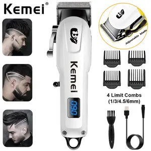Kemei white hair clipper，Cordless Hair Clipper Kit with LED Display，USB-Rechargeable Professional Adjustable Hair Clipper Kit， Gift Stainless split end trimmer