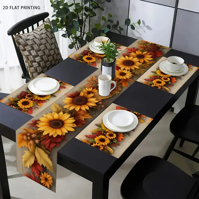 1 piece/5 piece set/7 piece set Autumn Thanksgiving Sunflower Country Style Table Flag+Meal Mat Set, Placemat, suitable for restaurant, family celebration accessories, indoor and outdoor table decoration, ideal for holiday events and daily dining