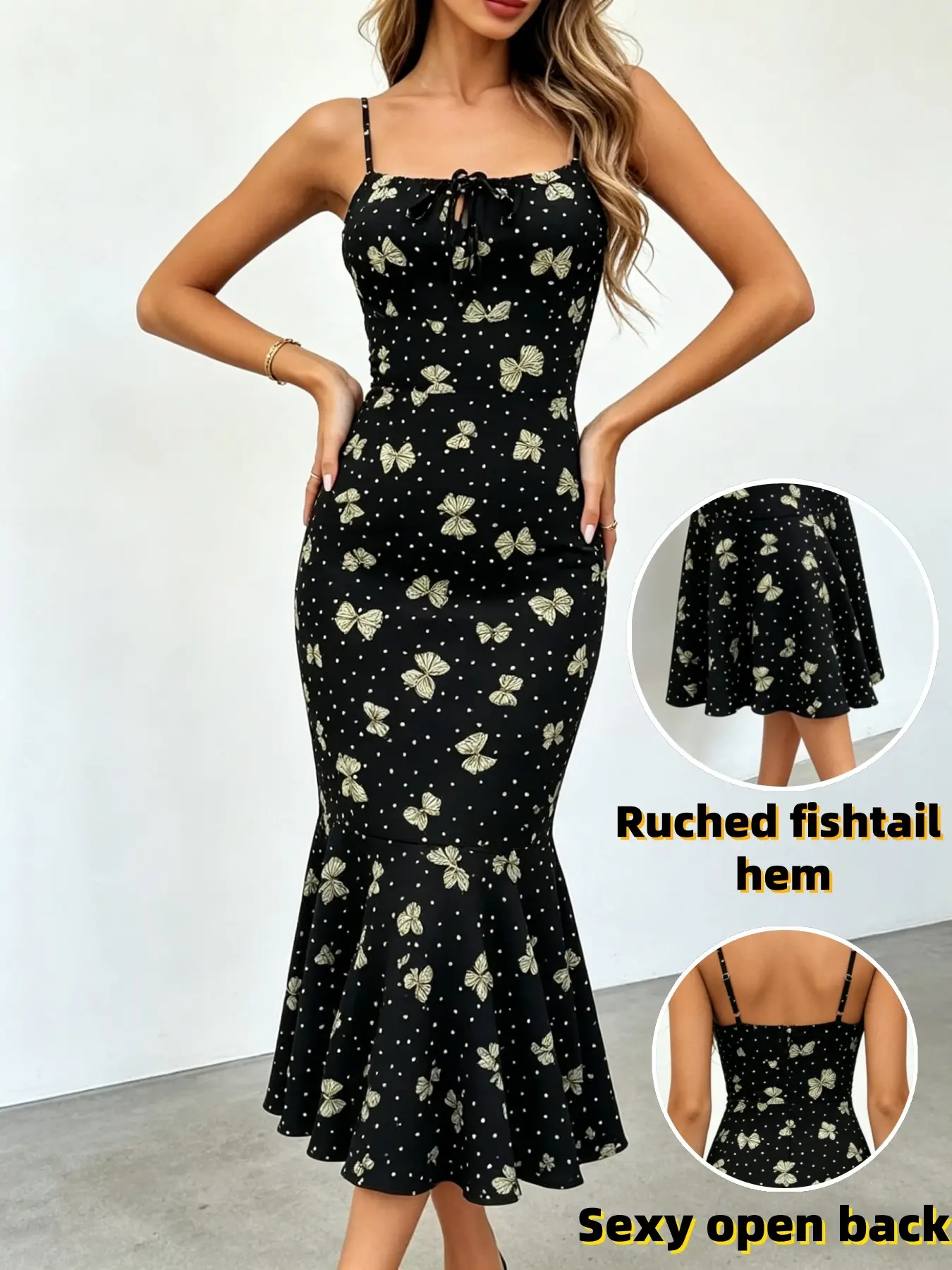 Boho Chic Butterfly Polka Dot Midi Dress, Summer Thin Straps Chest Tie, Ruched Fish Tail Hem Backless, Lightweight Fabric, Essential Beach Dress