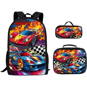 GJ-SQ-CPB014 3PCS Car Backpack for Boys 17 Inch Kids Bookbag for School with Lunch Box and Pencil Case, Reusable School Backpacks Set for Kids Children Teens Elementary