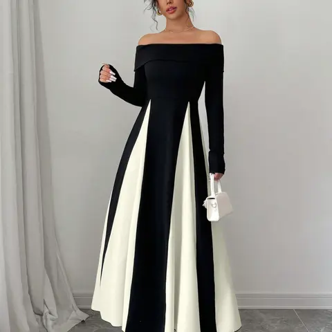 Women's Colorblock Off Shoulder Long Sleeve Dress, Elegant Classy Flattering A Line Dress for Party Holiday Wedding Guest Gown, Chic Ladies Spring & Fall Clothes Valentine's Day, Gift, Elegant Dresses