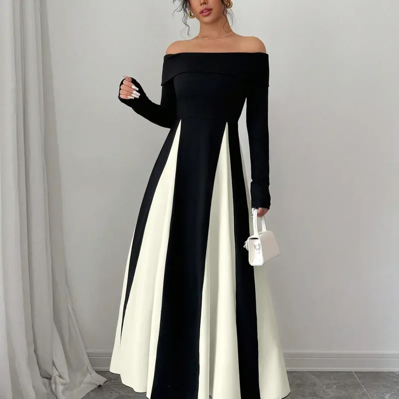 Women's Colorblock Off Shoulder Long Sleeve Dress, Elegant Classy Flattering A Line Dress for Party Holiday Wedding Guest Gown, Chic Ladies Spring & Fall Clothes Valentine's Day, Gift, Elegant Dresses