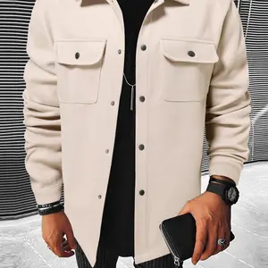 Men's Plain Long Sleeve Jacket, Regular Fit Casual Classic Button Front Flap Pocket Collared Outerwear for Fall & Winter, Going Out Outfit