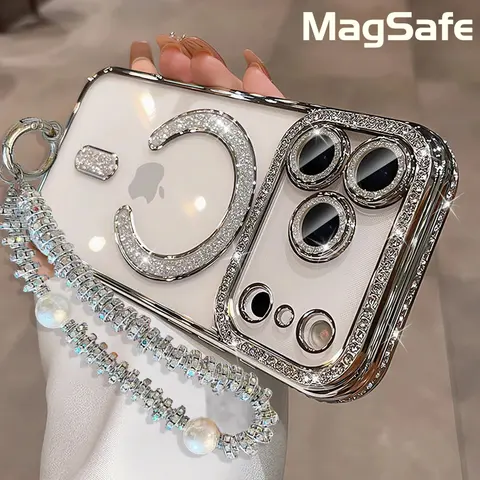 Luxury Bling MagSafe Snapon Smartphone Case - Magnetic Fit Multi-Model Cover with Camera Shield, Sparkle Rhinestones, Pearl Chain Strap, Glitter, Handheld Accessories for iPhone Series 18-12 Pro Max Plus Air, Women’s Gift