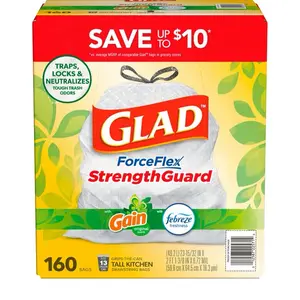 Glad ForceFlex 13-Gallon Kitchen Trash Bags, Gain Original Scent + Febreze, 160 counts total.