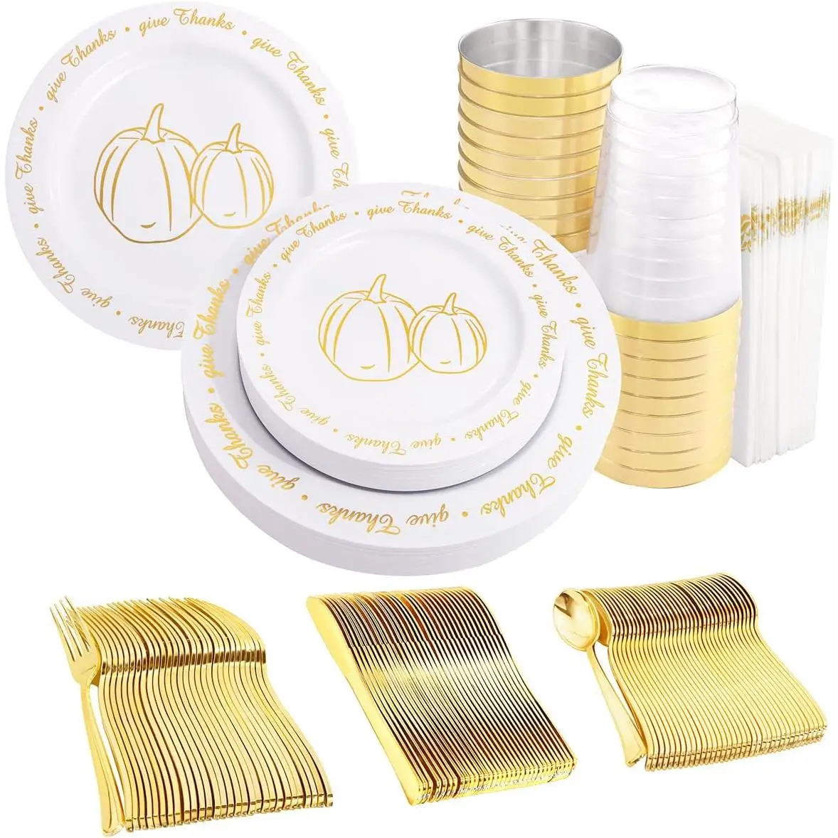 LIYH 175 Pcs Plastic Thanksgiving Plates Disposable Dinnerware sets, Thanksgiving Plates and Napkins, Gold Plastic Plate Napkins Fall Tableware 25 Guests