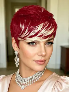 Short Pixie Cut Wigs Highlight RED/613 99j/613 Color, Human Hair Wig with Bangs, Full Machine Made for Women, Stylish and Versatile