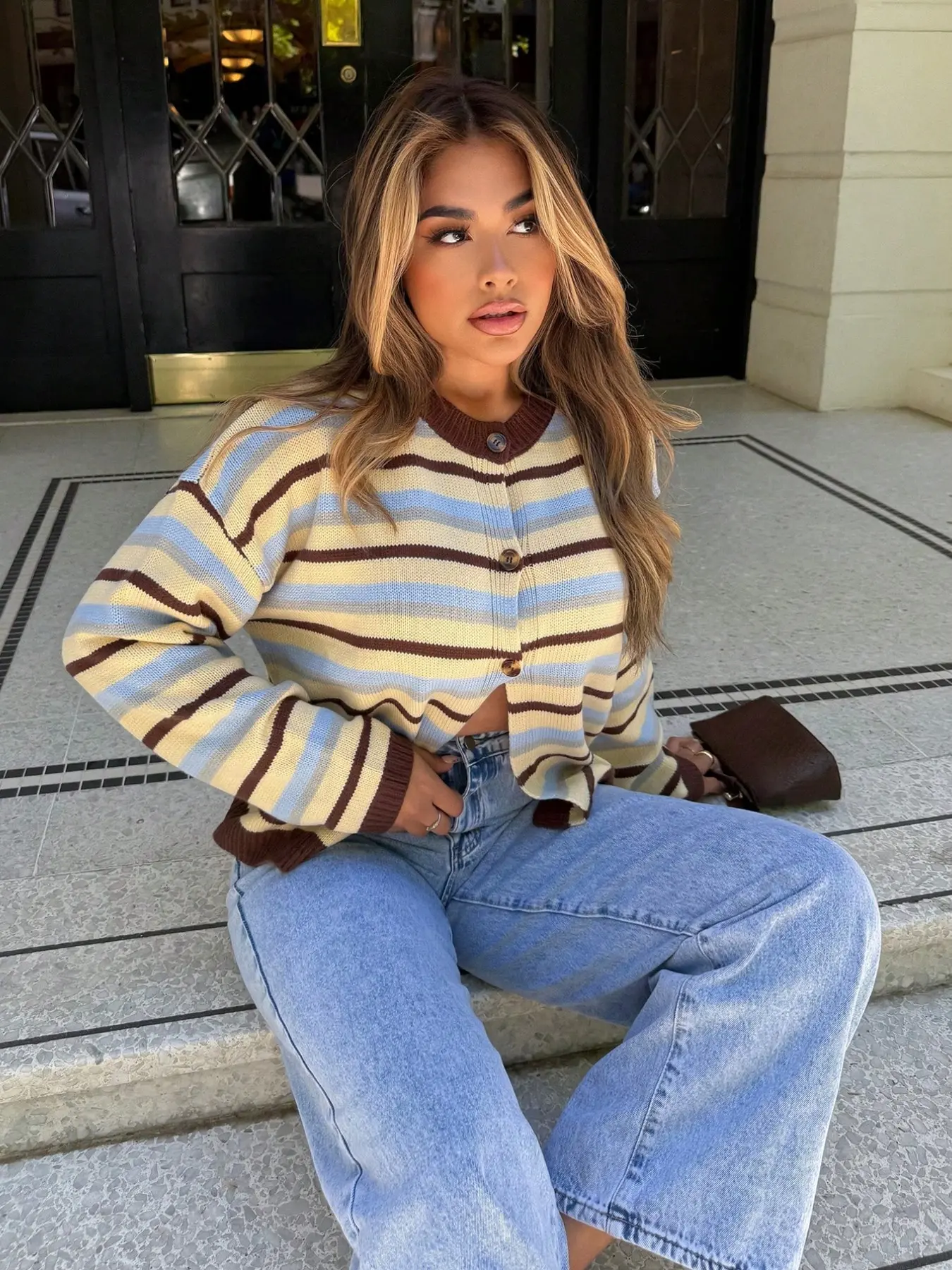 New Elegant Outdoor Women's Knitwear, Round Neck Button Drop Shoulder Long Sleeve Cardigan, Striped Colorblock, All Seasons Knitted Casual Top Womenswear, Knit Cardigan Sweaters, Cardigans Sweaters