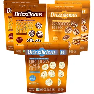 Drizzilicious Mini Flavored Rice Cakes Variety Pack – 4 oz Bags (Pack of 3) – S’mores, Cookies & Cream & Birthday Cake – Vegan, Gluten-Free Snack, 90 Calories per 21 Pieces