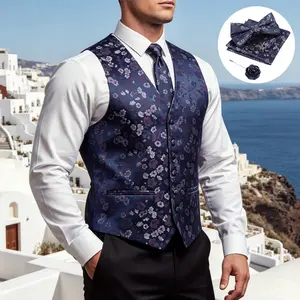 Alizeal Mens 6pcs Floral Waistcoat Set Wedding Tuxedo Vest with Bow Tie, Necktie & Pocket Square, 2 Cufflinks, Retro Style Groomsmen Prom Suit