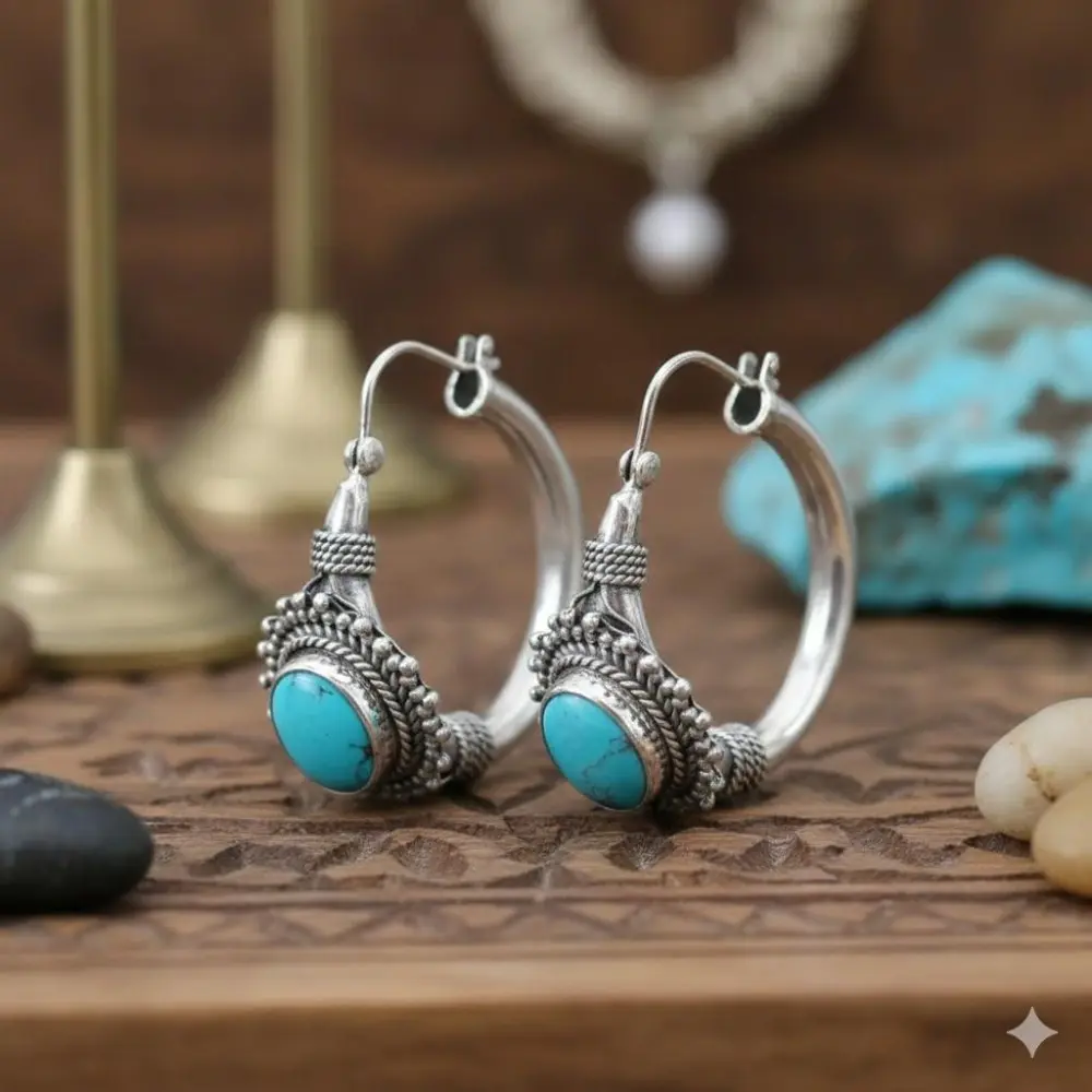 Bohemian Turquoise Earrings: Light Oxygen Gemstone, Dainty Women's Jewelry. Handcrafted with Natural Stone, 925 Sterling Silver Ear Pins. Perfect Birthday Gift & Everyday Wear. Set of 1 or 2 Pairs, Minimalist Fashion Ear Drops.