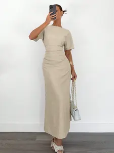 Women's Classy Maxi Dress - Solid Beige Linen Blend Elegant Long Dress for Parties & Formal Events Comfortable & Versatile