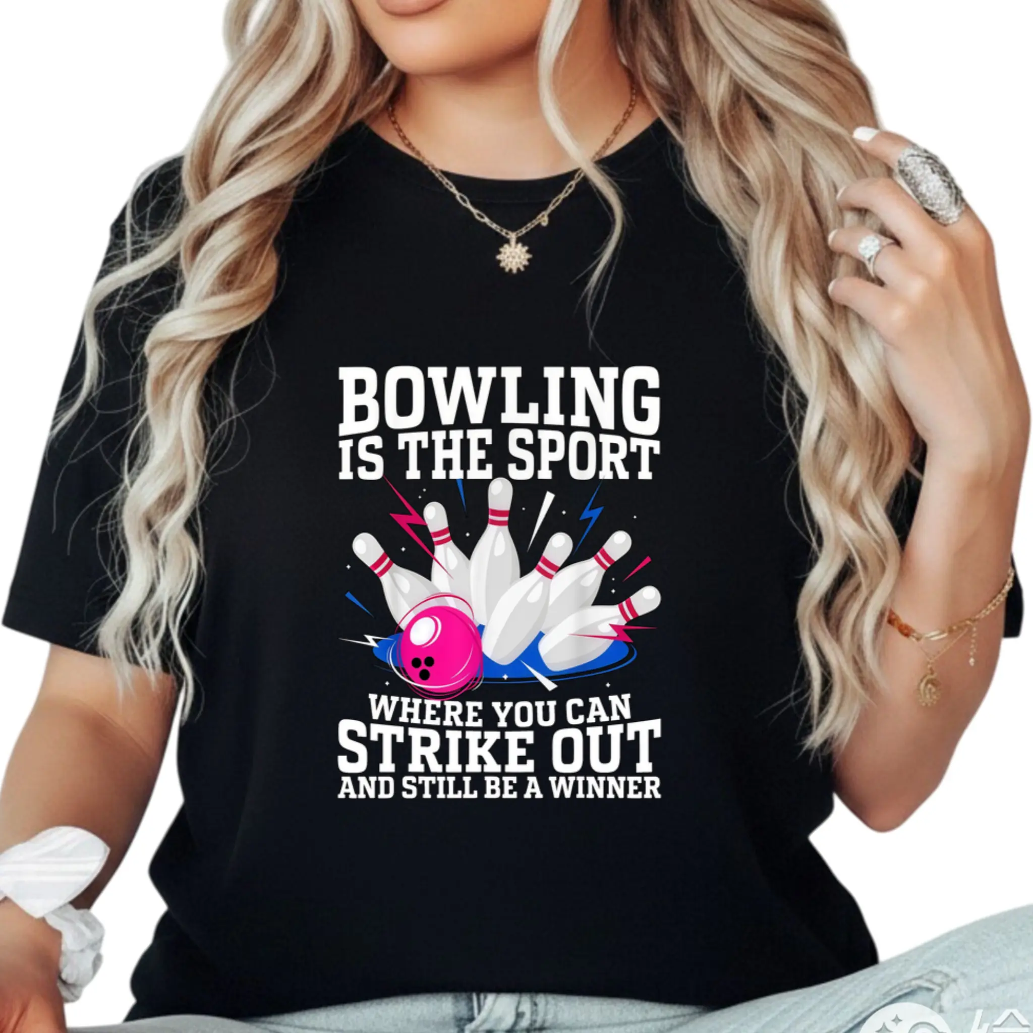 Women'S Bowling Graphic T-Shirt - Funny "Bowling is the Where You Can Strike Out and Still Be a Winner" Slogan - Black & White Bowling Ball & Pin Design - Casual
