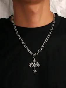 Men's Stainless Steel Irregular Flame Cross Pendant Necklace, Casual Fashion Jewelry for Men, Durable and Stylish Accessory, Cross Necklaces