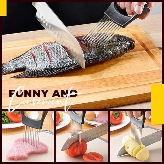 Stainless Steel Onion Slicer & Holder for Kitchen Vegetable Chopper Guide Tool for Onion Tomato Potato Food Cutting Assistant for Meat & Veg Ergonomic Kitchen Gadget