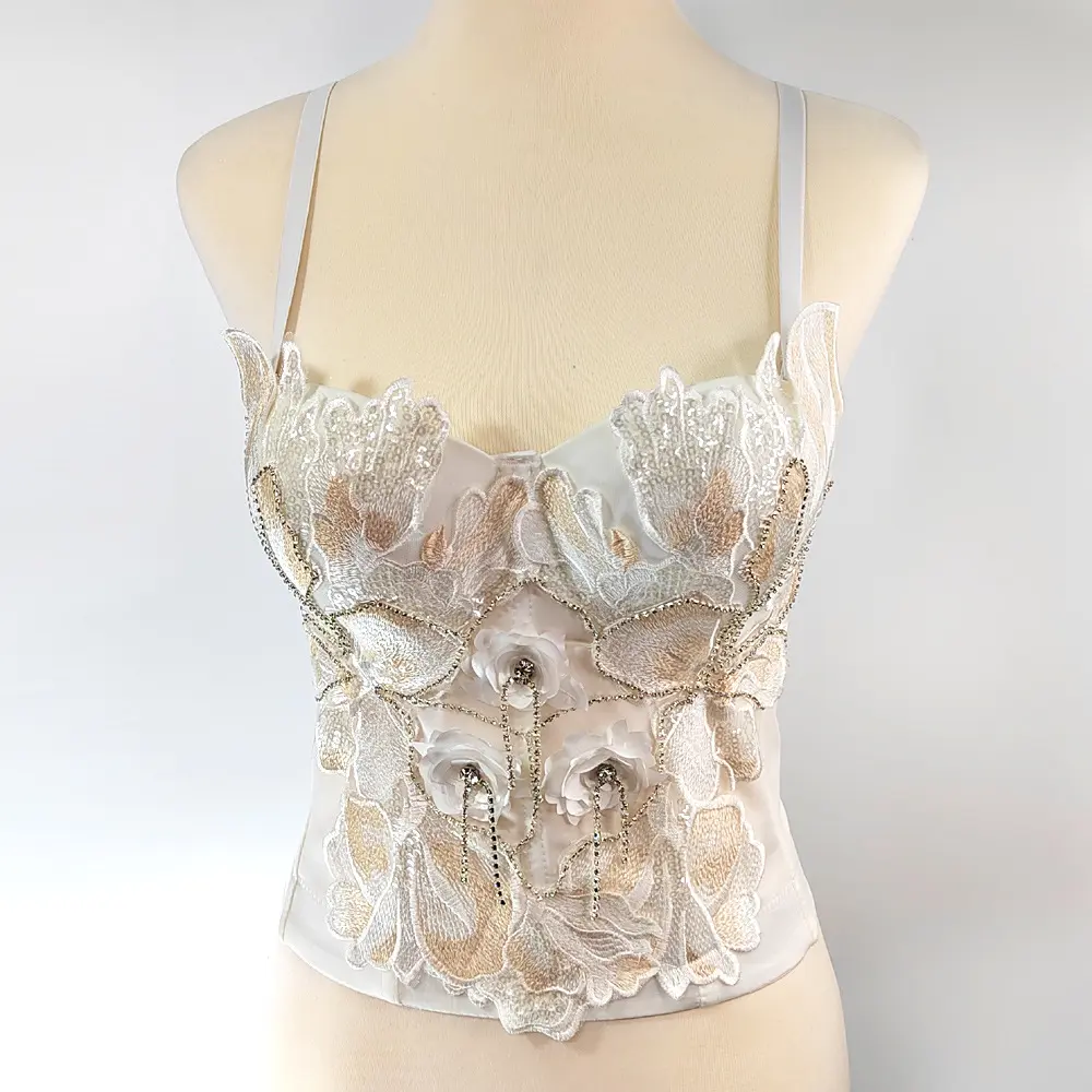 French Design Corset Niche Boned Bustier Pearl Embroidery White Strapless Slimming Womenswear Tops Tank Tops Floral Tube Short Sleeveless babydoll tops weighted vests women Women's Halter Neck Tank Top