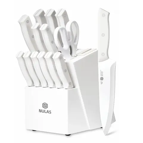 NULAS 15-Piece High Carbon Stainless Steel Self-Sharpen Edge Kitchen Knife Block Set - Durable, Non-Slip SS+ABS Ergonomic Handle, Built-In Sharpener, Dishwasher Safe White Slicer, Storage Solution for Cutting Kitchenware (Less Buying Option)
