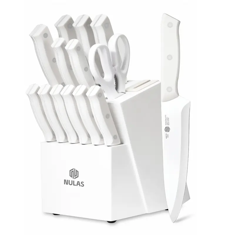 NULAS 15-Piece High Carbon Stainless Steel Self-Sharpen Edge Kitchen Knife Block Set - Durable, Non-Slip SS+ABS Ergonomic Handle, Built-In Sharpener, Dishwasher Safe White Slicer, Storage Solution for Cutting Kitchenware (Less Buying Option)
