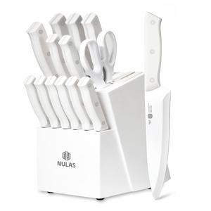 Knife Set, 15 Piece Kitchen Knife Set with Block Self Sharpening, Stainless Steel Dishwasher Safe, Anti-slip Handle, White summerwins