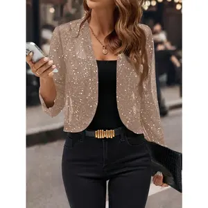 Women's Glitter Sequin Cardigan Jacket, Golden Foil Pleated Fabric 3/4 Sleeve Cropped Cardigan Jacket, Business Casual for Women