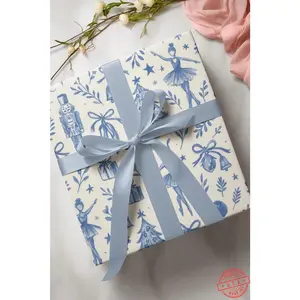 Christmas Themed Gift Wrapping Paper - Nutcracker in Toile Pattern, Holiday Decor, Festive Present Wrap, Cobalt Blue Watercolour Design