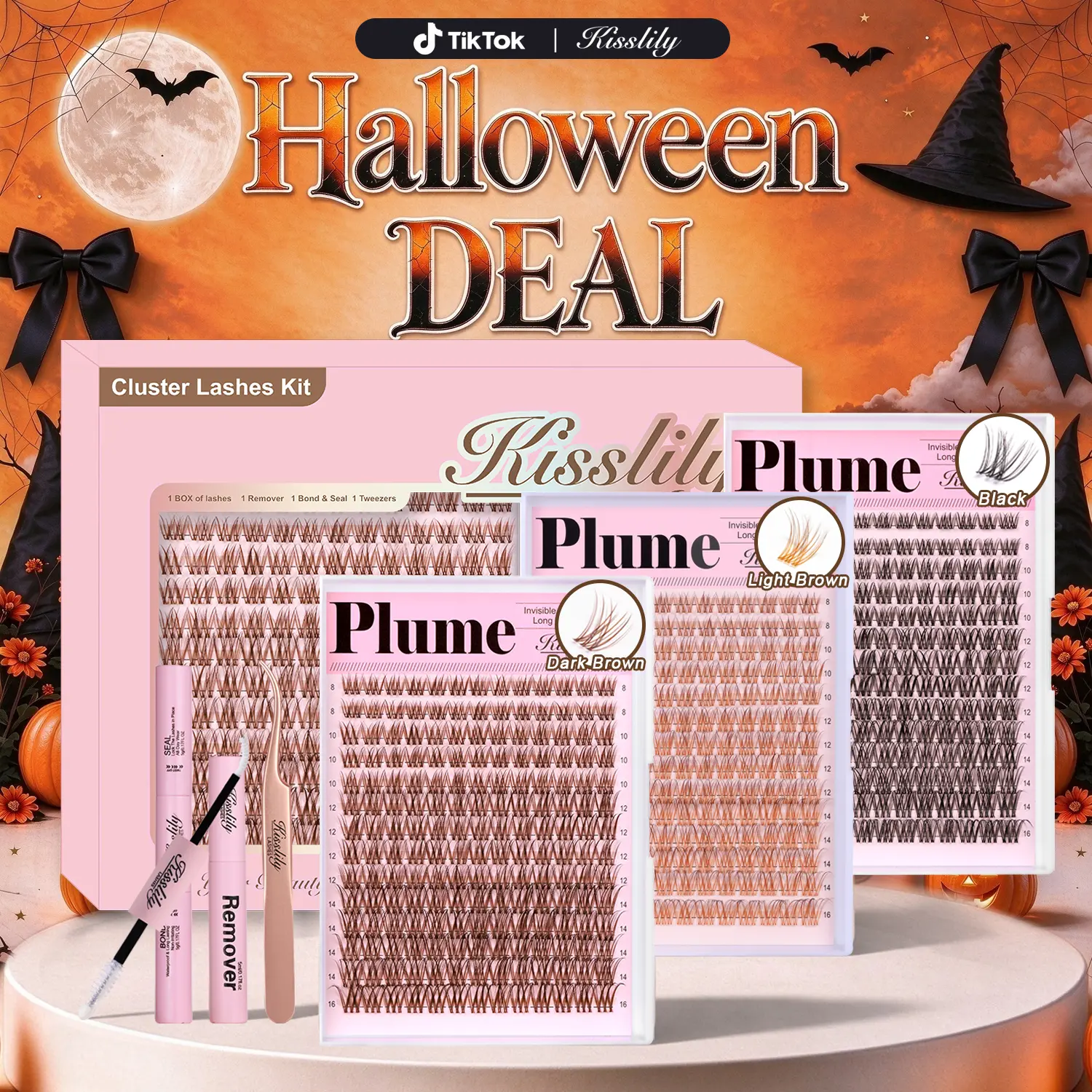 Plume | Kisslily Brown & Black Lash Clusters Invisible Band Natural Lash Extension Kit with Bond & Seal Mascara Look DIY Lashes 8-16mm C Curl D Curl Long Lasting Beginner Friendly familyfun