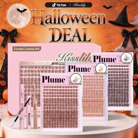 Plume | Kisslily Brown & Black Lash Clusters Invisible Band Natural Lash Extension Kit with Bond & Seal Mascara Look DIY Lashes 8-16mm C Curl D Curl Long Lasting Beginner Friendly familyfun