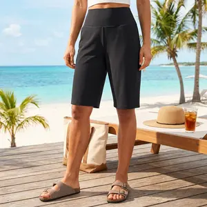 Women's High Waisted Bermuda Long Shorts with Pockets - 12" Knee Length Stretch Summer Walking Shorts Comfortable Casual Fashion Perfect for Daily Wear Outdoor Activities Lightweight Breathable Fabric Ladies Clothing