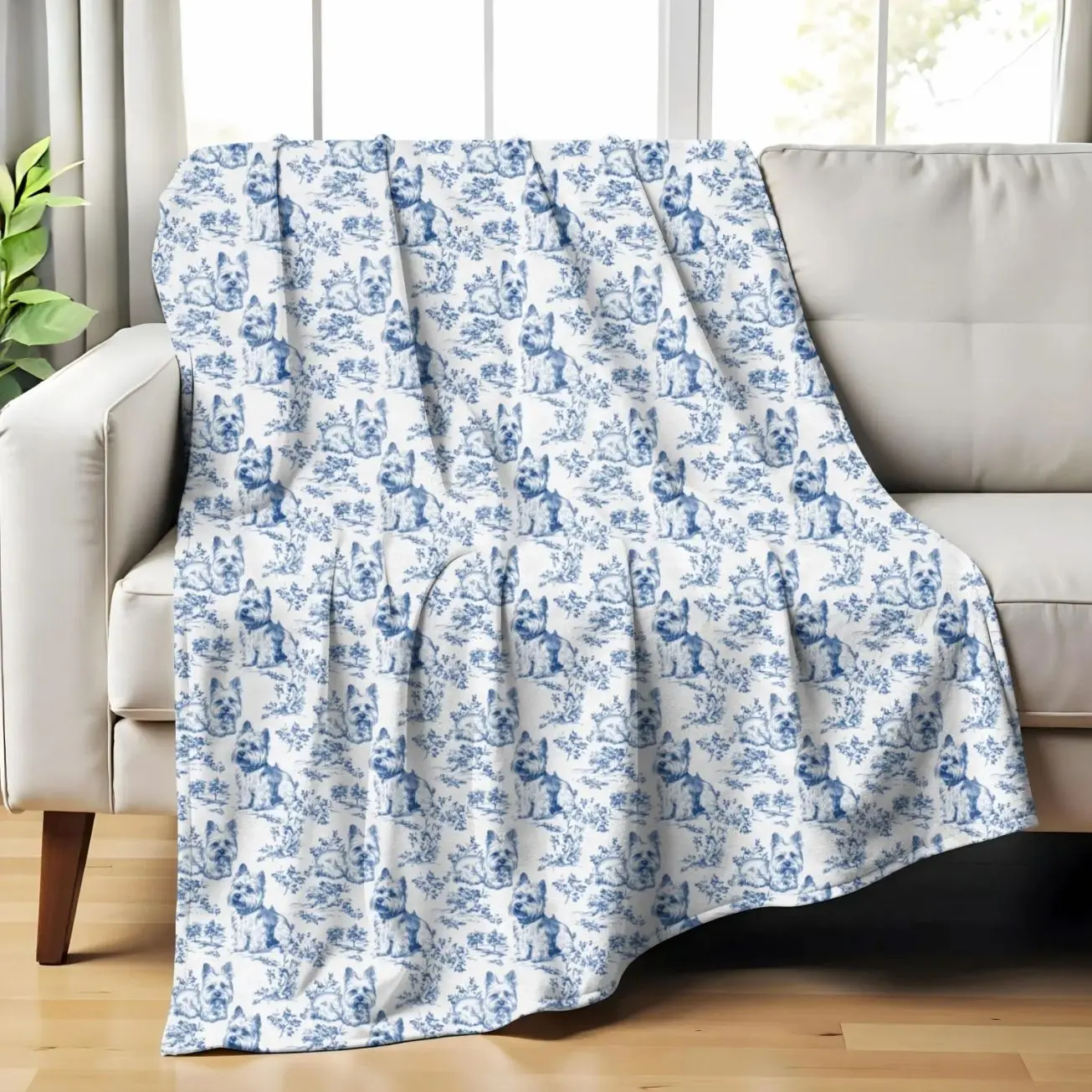Yorkshire Terrier Toile Blanket - Blue Toile de Jouy Cozy Throw for Yorkie Lovers, French Country Bedding for Dog Mom, Dog Chinoiserie Decor