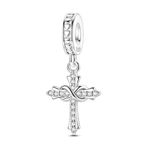 MULA 925 Sterling Silver cross heart pendant with white gold plating and zircon - religious symbol of faith, love and protection, suitable for Pandora bracelets and necklaces - gift for women and girls