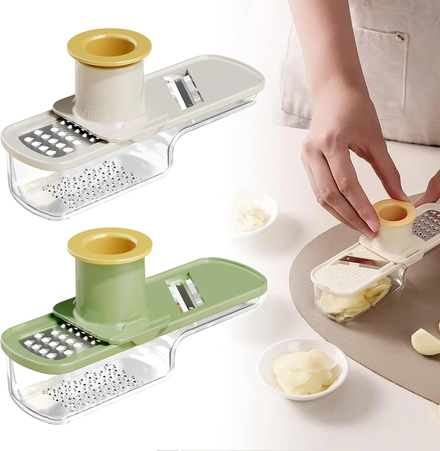 2PC Multifunctional Garlic Grinder & Mandoline Slicer, 2026 New 4 in 1 Garlic Slicer Mincer Crusher Tool, Vegetable Mandoline Cutter with Container, Kitchen Gadgets (Mix)