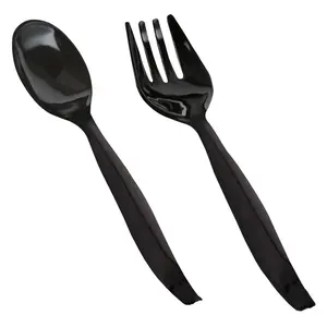 Black Disposable Plastic Serving Flatware Set - 5 Serving Spoons and 5 Serving Forks
