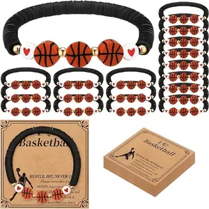 20Pcs Basketball Theme Polymer Clay Bracelets Set With Inspirational Cards, Unisex For Women & Men, Perfect For Team Celebrations & Birthday Parties