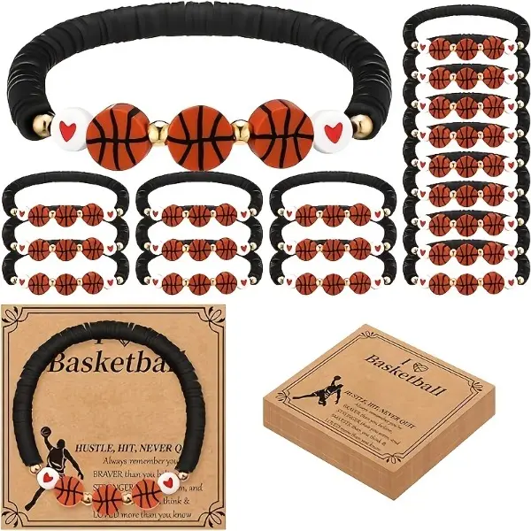 Unisex 20-Piece Beaded Sports Bracelets Set with Inspirational Cards, Polymer Clay Basketball Costume Jewelry for Daily Birthday Team Gifts, Beaded Bracelets