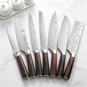 7-piece kitchen knife set, Damascus pattern chef’s knife, professional Japanese-style kitchen knife set, sharp, durable, rust-resistant, high carbon stainless steel chef’s knife