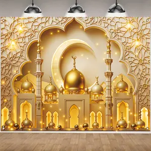 Ramadan Theme Backdrop, 1 Count Exquisite Mosque & Moon Pattern Backdrop, Decorative Banner for Home Party Wedding Festival