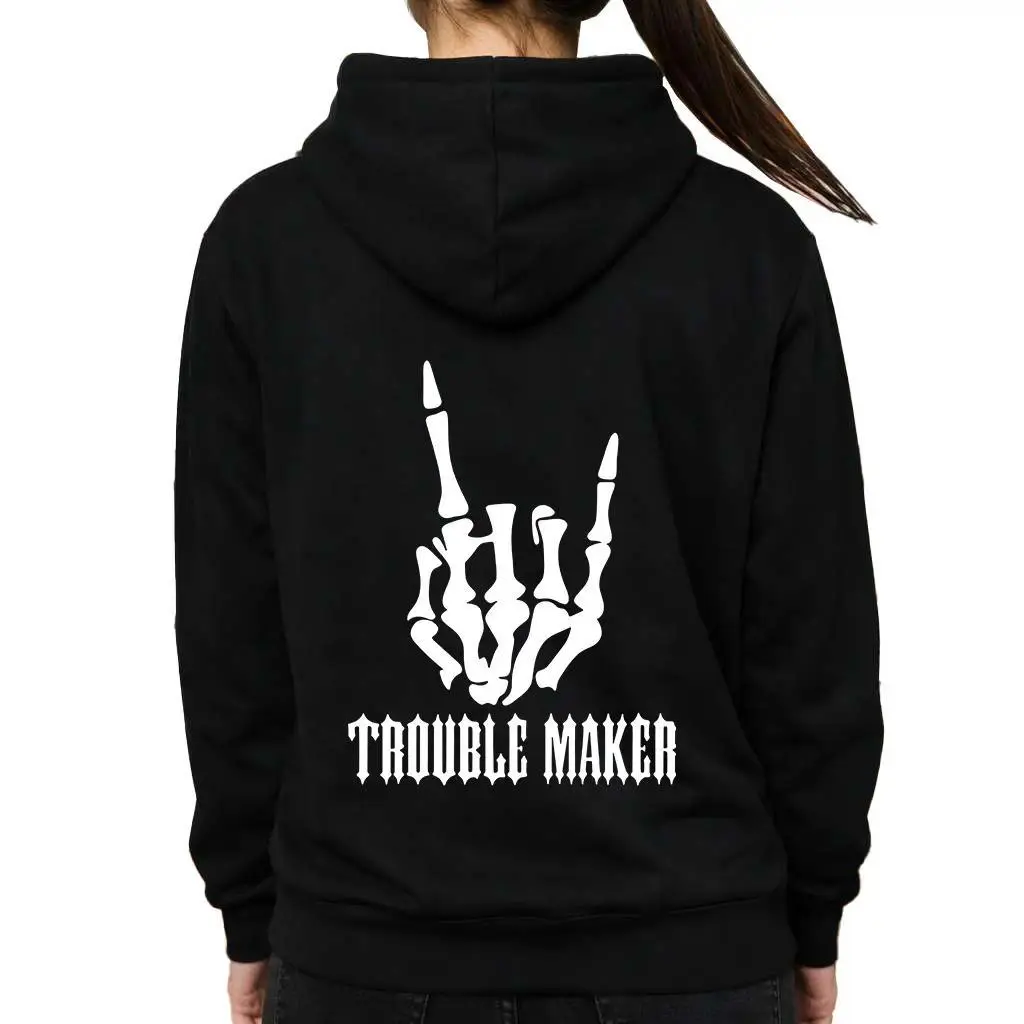 BoldInk Tee Trouble Maker Bone Hand Graphic Hoodie Vintage Y2K Gothic Streetwear Skeleton Hand Print Pullover Casual Unisex Long Sleeve Cozy Everyday Wear Mother's Day Gift for Women Men