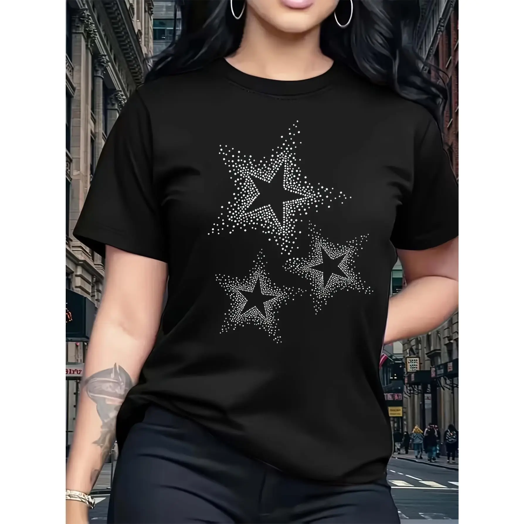 Women's Sparkling Rhinestone Star T-Shirt - Shimmering 3-Star Night Top with Round Neck Short Sleeve, Machine Washable Blouse-Compatible Tee Suitable for Parties, Casual Wear & Everyday Outfits - All-Season Comfortable Shirt
