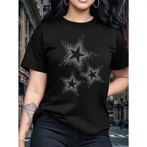 Women's Sparkling Rhinestone Star T-Shirt - Shimmering 3-Star Night Top with Round Neck Short Sleeve, Machine Washable Blouse-Compatible Tee Suitable for Parties, Casual Wear & Everyday Outfits - All-Season Comfortable Shirt