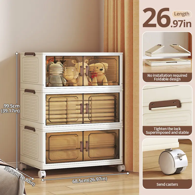 Foldable Storage Cabinet with Wheels – No Assembly, Transparent Doors, Stackable Organizer for Toys, Snacks, Clothes | Fits Bedroom, Kitchen, Living Room