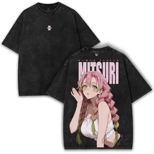 Washed Oversized Mitsuri Kanroji x Demon Slayer Vintage Tee – Cute Love Hashira Graphic Pose | Collector Anime Streetwear Cotton Menswear